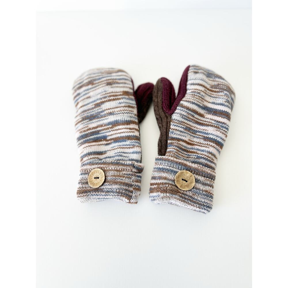 Purple Multi Fleece Lined Knit Mittens with Button Detail